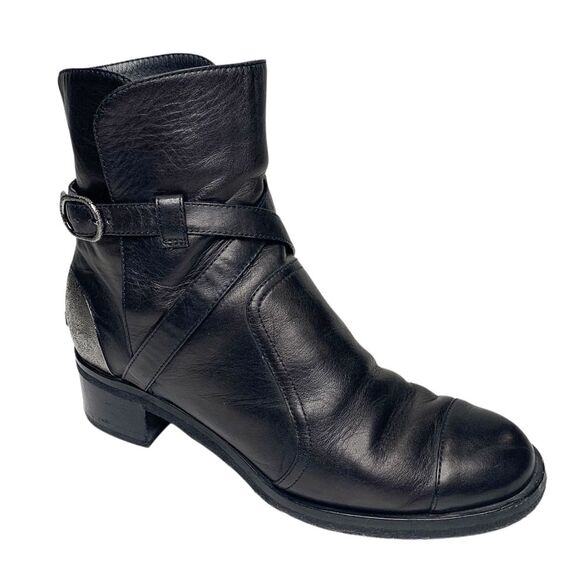 Chanel Gunmetal and Black Leather Logo Short Buckle Boots EU 39 US 8-8.5 Biker - Picture 1 of 10